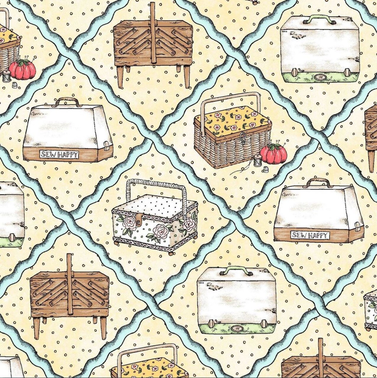 Maywood Studio Sewing Machines Diamond Ric Rac on Light Yellow Maywood Studio 100% Cotton Novelty